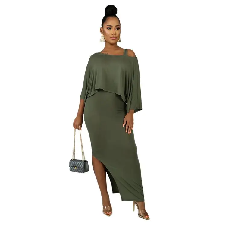  1119M019 new style solid split strap dress sloping shoulder top Long Dress Clothing Women Two Piece Sets 2 piece skirt