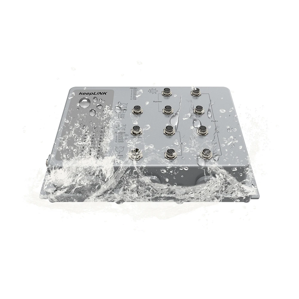 IP 67 M12 Connector Waterproof Industrial Ethernet PoE Box 8 Port with 2 Bypass port
