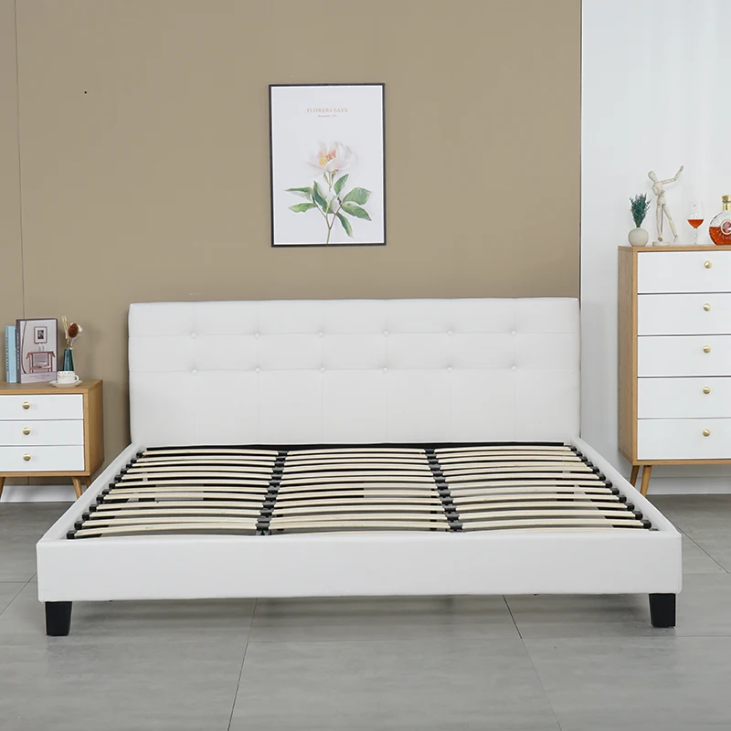 Modern Bedroom Furniture Metal Wood Frame Pu Leather Low height Upholstery Bed