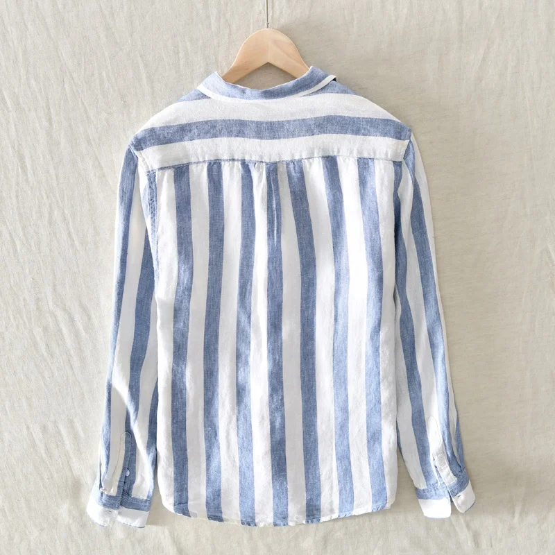 Custom oversized down button full sleeve long vertical striped linen mens shirt 2022
