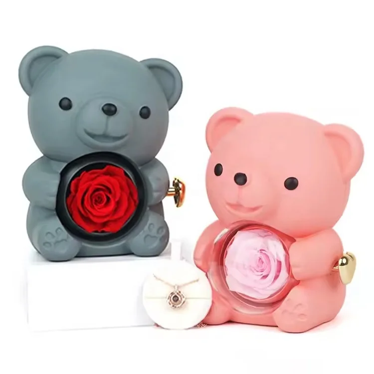 Luxury Little Bear Rotating Pink Blue Preserved Flower Jewelry Rose Gift Box For Rings And Necklaces