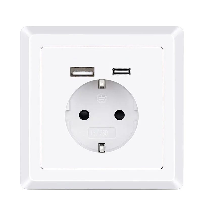 LEISHEN 86mm Style Wholesale 5V/3.4A 250V 16Amp Flush-Mounted Outlet Protective Contact Wall Schuko Socket With USB-C Charger