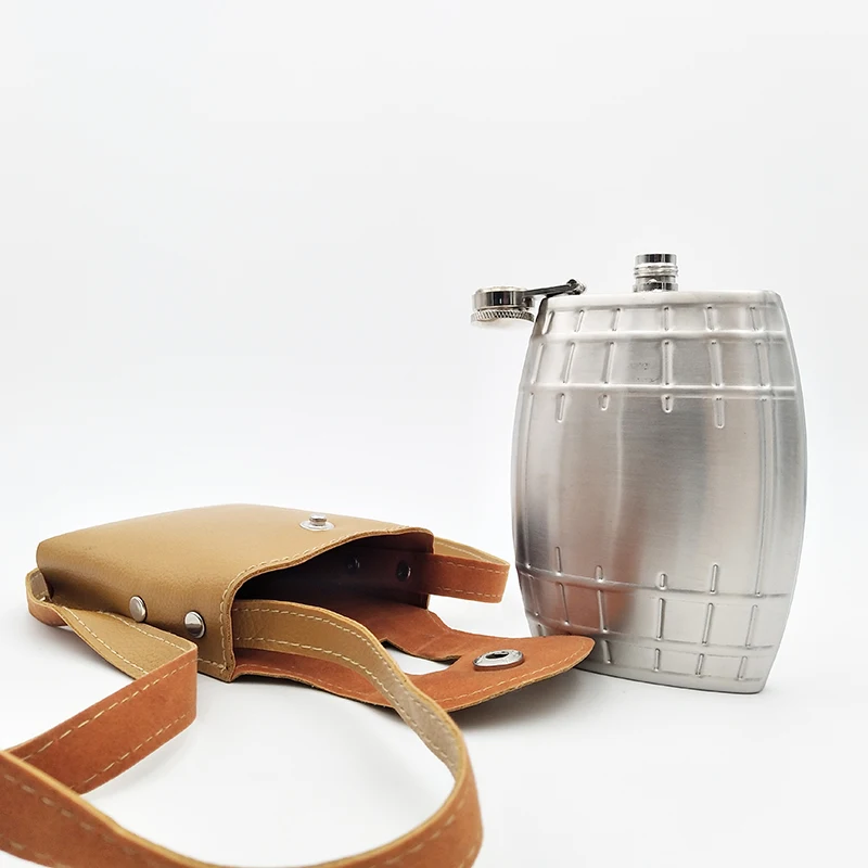wholesale barrel shaped stainless steel hip flask 7oz alcohol whisky hip flask with pu leather Leather sheath