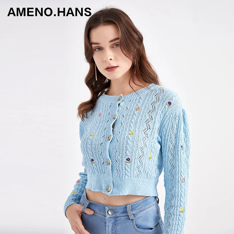 Natural style embroidery cardigans wholesale women knitted cotton cardigans