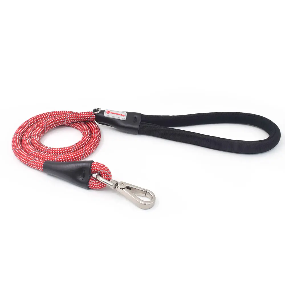 Heavy duty nylon dog leads reflective rope lead leash with double genuine leather connectors for dog walking training running
