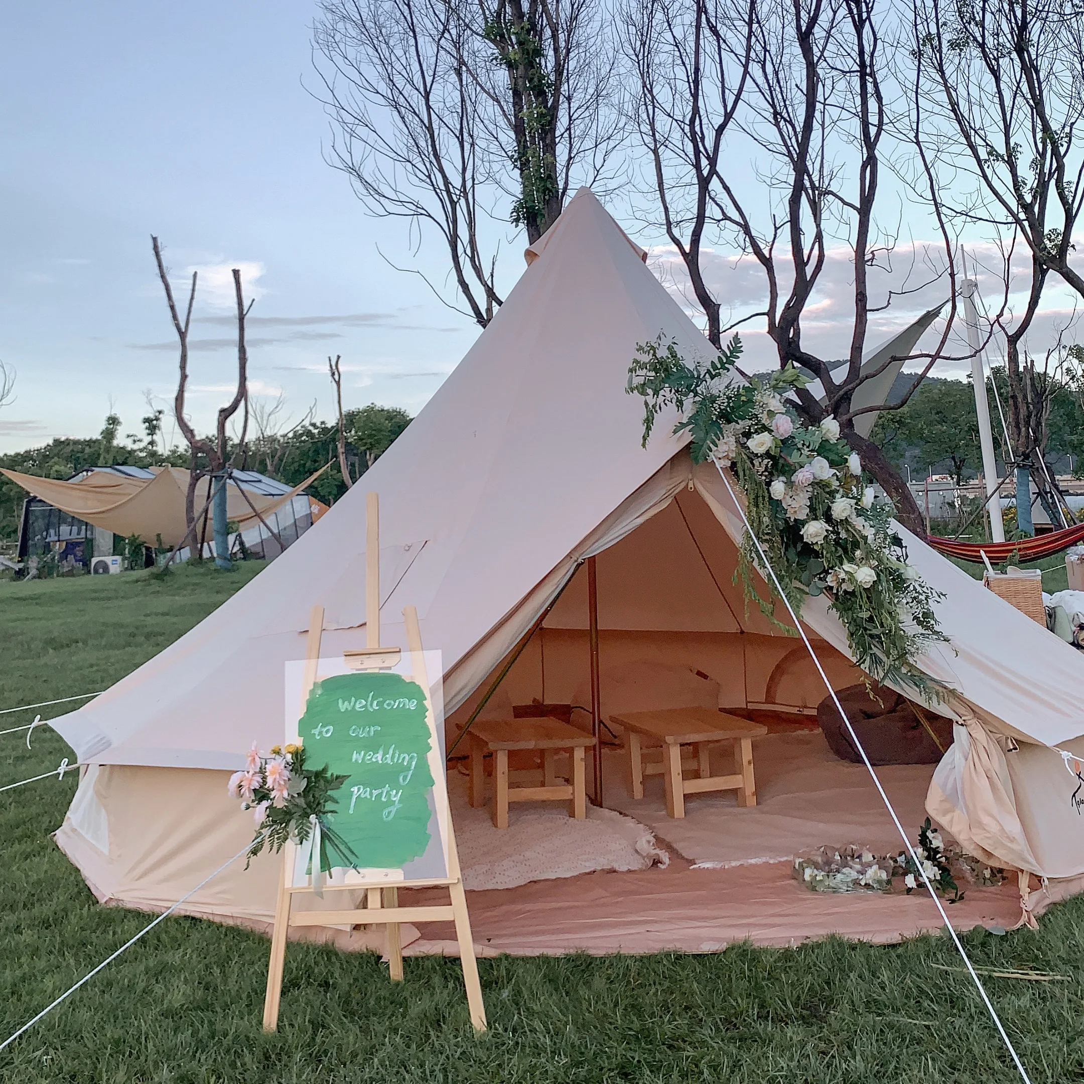 Custom glamping polycotton bell tent 5m outdoor waterproof tent camping large family tent 12 person