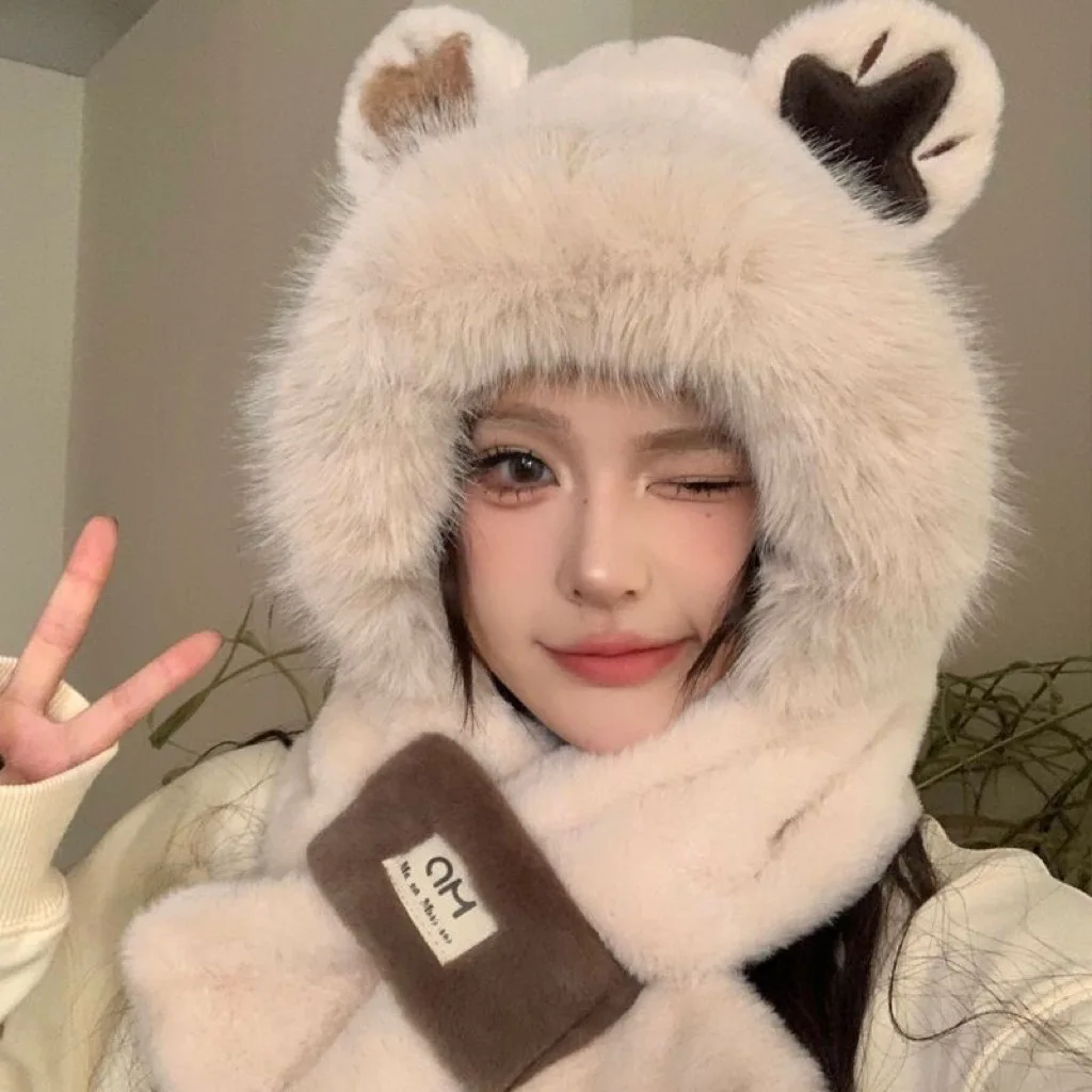 Wholesale factory plush hat autumn and winter scarf hat overall plush girl super cute ear protection plush animal bear hat