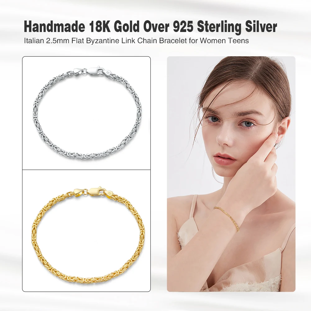 RINNTIN SB122 Handmade Italian 925 Sterling Silver 18K Gold 2.5mm Flat Byzantine Link Chain Bracelet for Women Men
