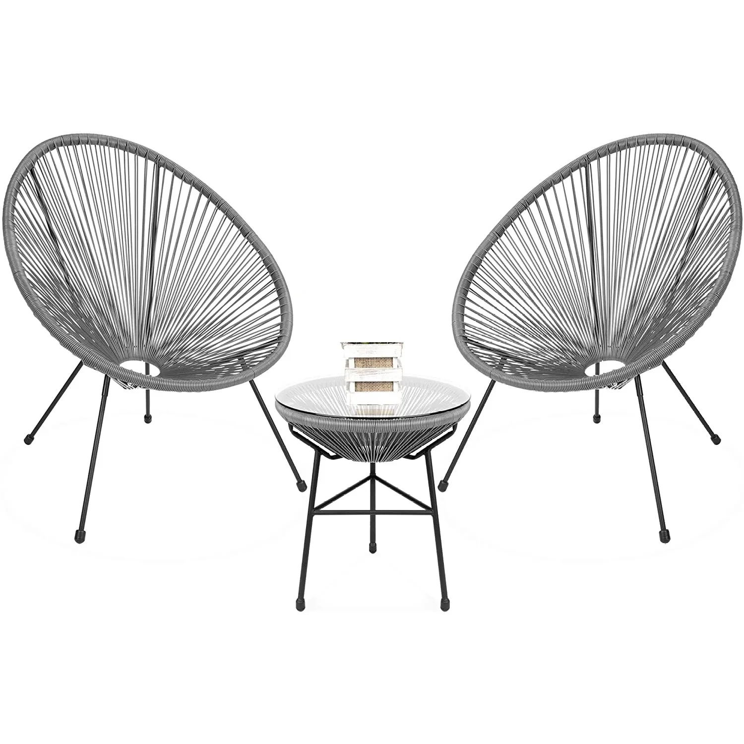 Acapulco papasan Valencia oval chair, 3 piece patio cafe table chair set, rattan wicker outdoor garden furniture.