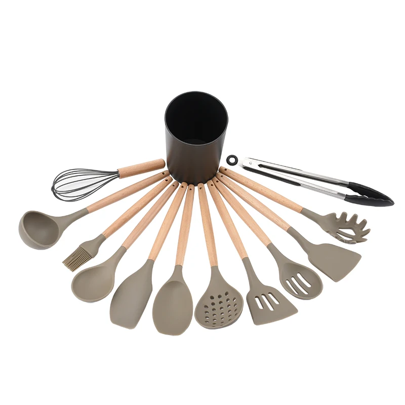 
silicone premium wood cooking utensils 12pcs with holder 