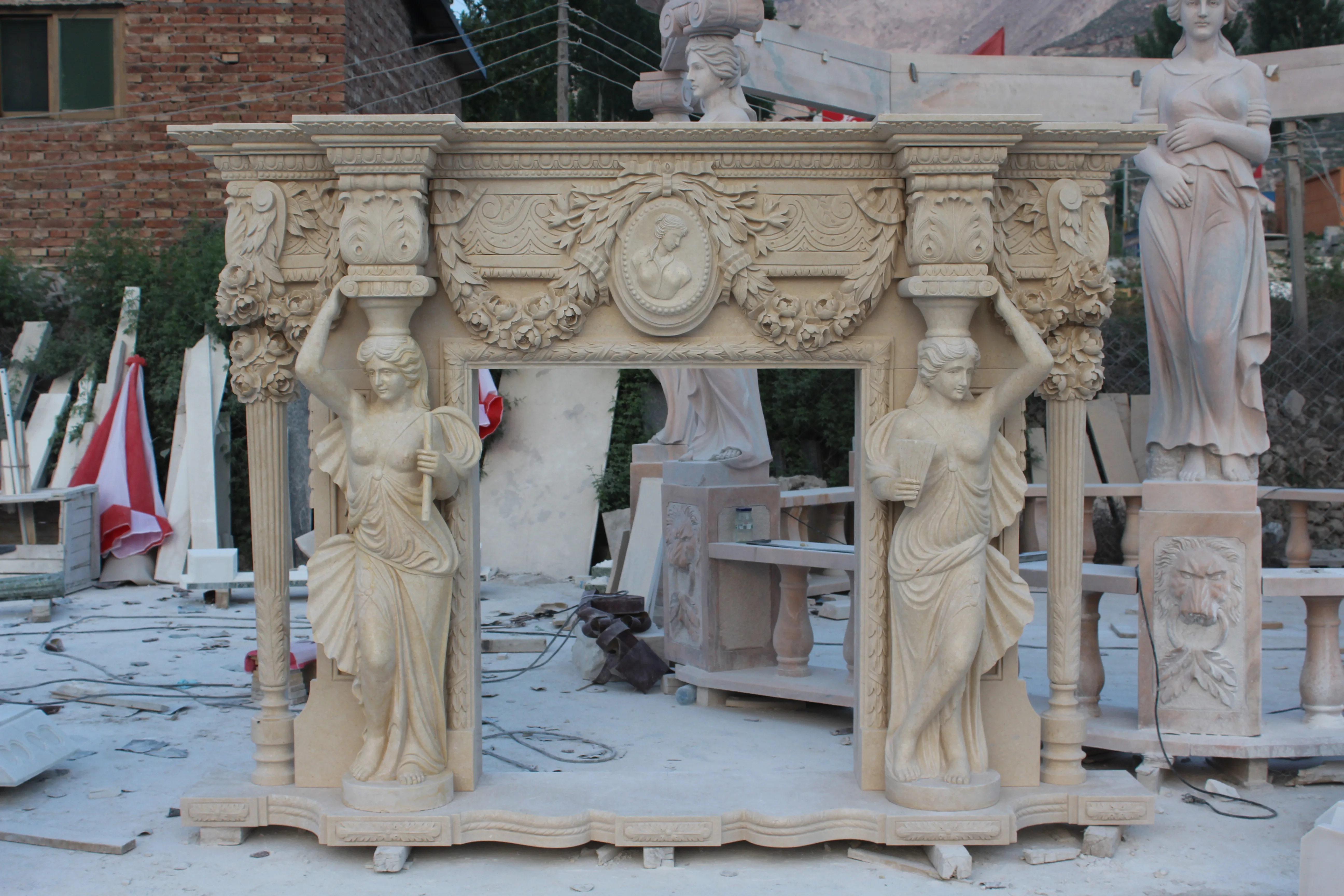 Hand Carved Figures Stone Simple Style Art Craft Natural Marble Fireplace