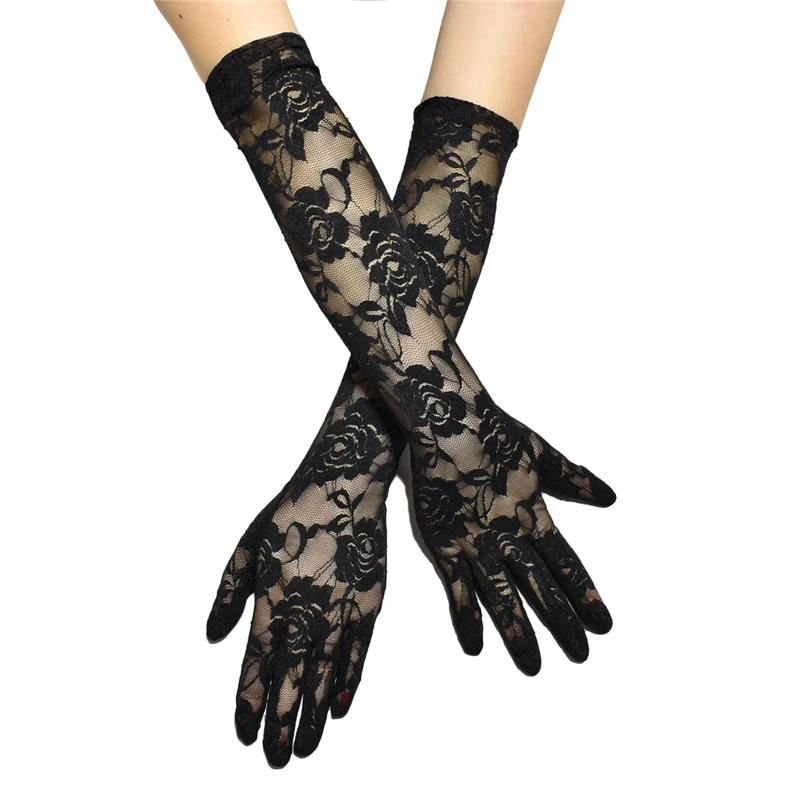 Womens Floral Sexy Lace Flower Gloves Long Opera Full Finger Sun Protection Female Nightclub Arm Costume Elbow Length Gloves