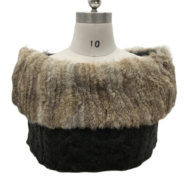 Зимние теплые женские вязаные шали из натурального меха/шаль с мехом кролика