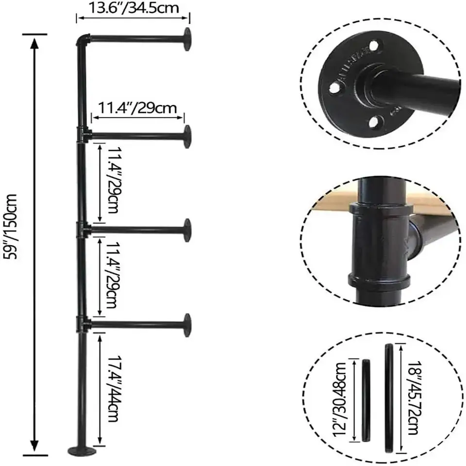 4-Tier mounted hanging Diy metal Shelve bracket wooden floating wall shelves with industrial pipe