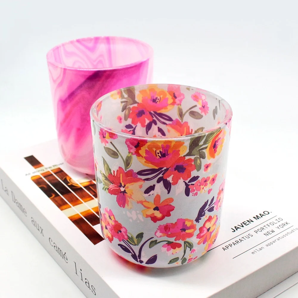 LANGXU recyclable empty attractive jars tie dye 14 oz 16oz round bottom glass candle jar for candles with screed lid