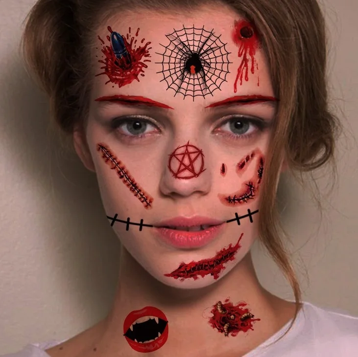 Оптовая продажа Хэллоуин уход за кожей лица тату наклейка, водонепроницаемое временное тату-наклейка для костюмированной вечерники на взрослых боди-арт наклейки для временных татуировок