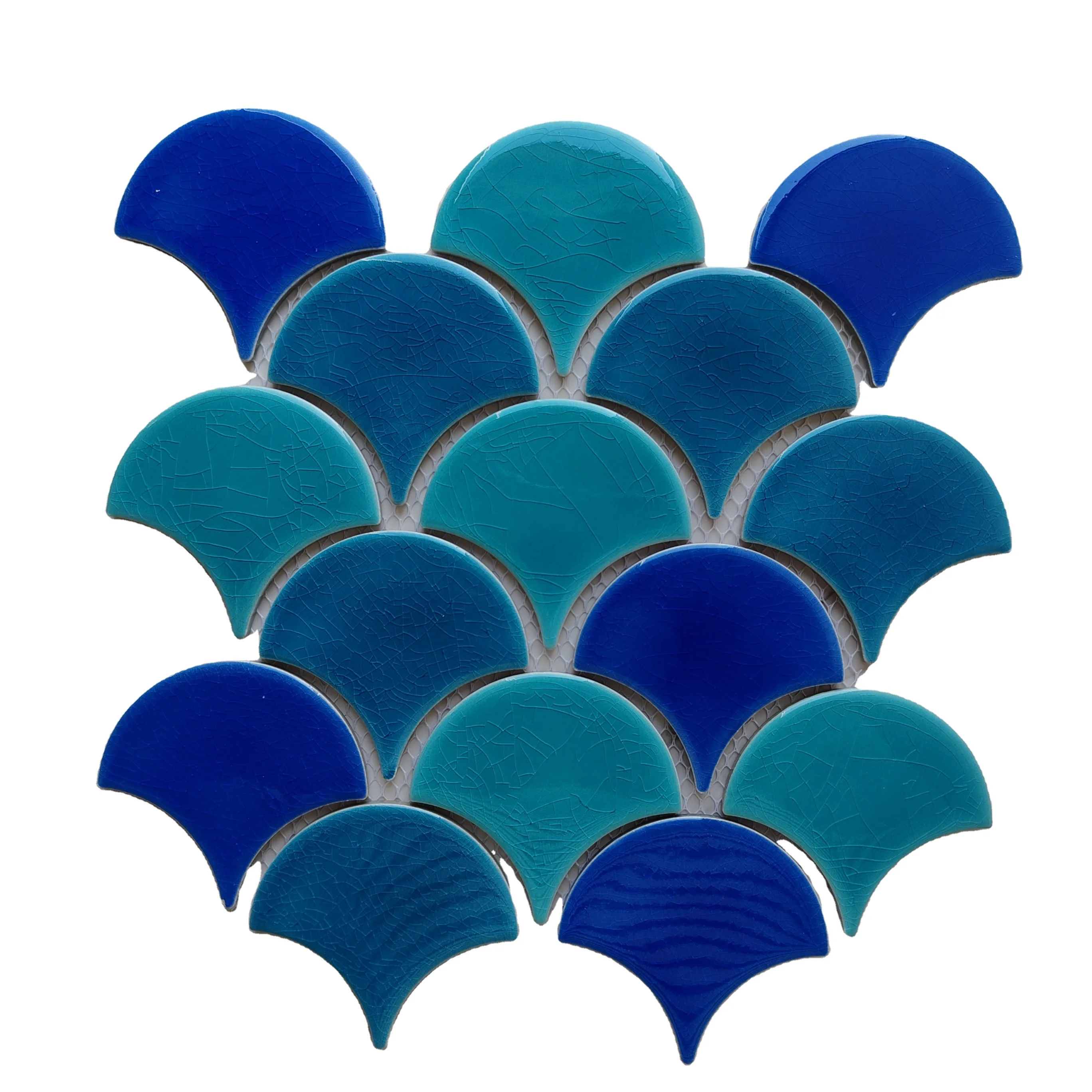 Hot Sale Blue Blues Fish Scale Fan Glossy Crackle Bathroom Backsplash Shower Ceramic Mosaic Tile