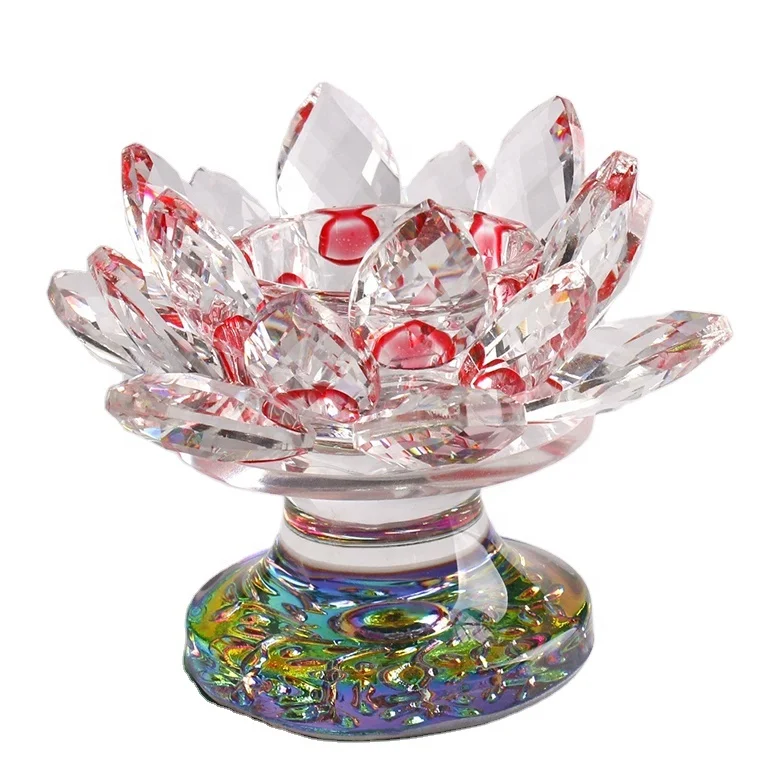 Home Decoration Tea Light Buddhist Candlestick Glass Crystal Lotus Flower Candle Holders