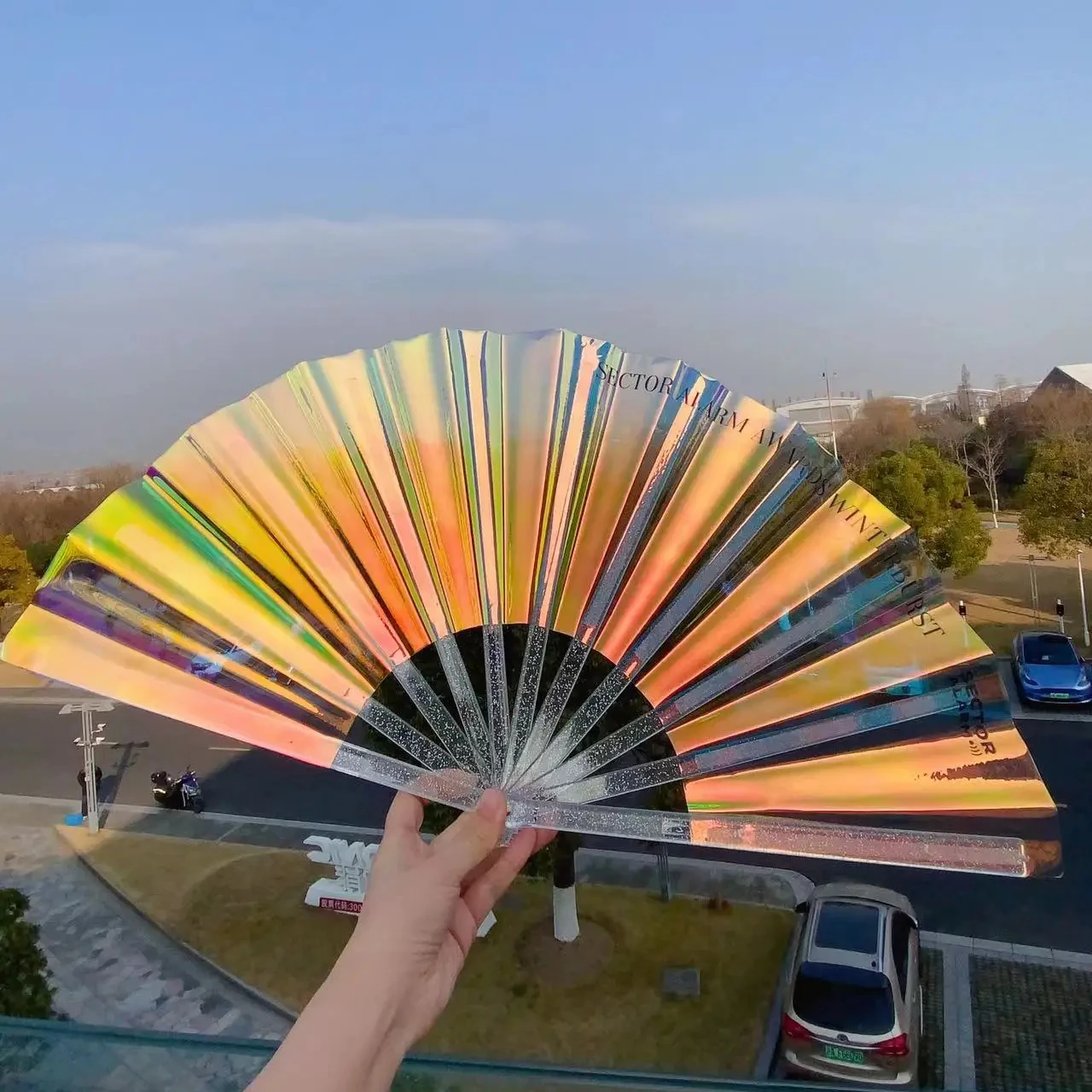 Hot Selling PVC laser film fan hand Silver color Chinese Ancient Wedding Party Plastic hand folding fan