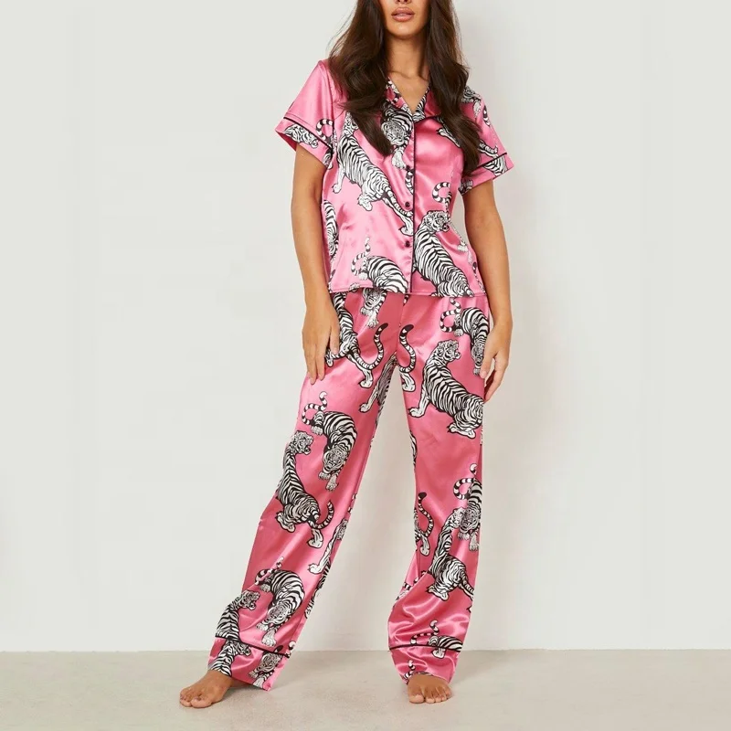 Женский атласный комплект одежды для сна с принтом на заказ рубашка коротким рукавом и брюки атласная Шелковая пижама тигра