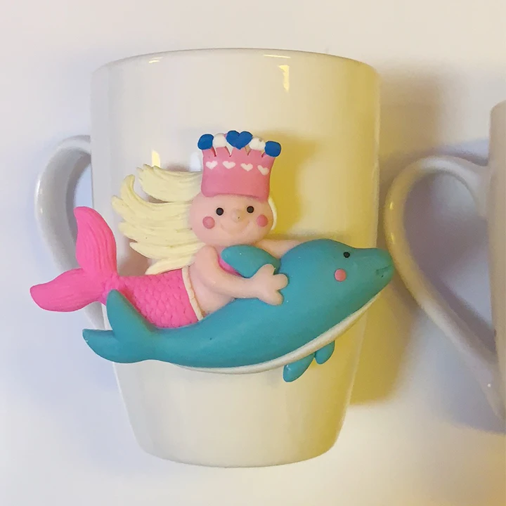 Little Girl Riding a Dolphin Polymer Clay Mug Color Box