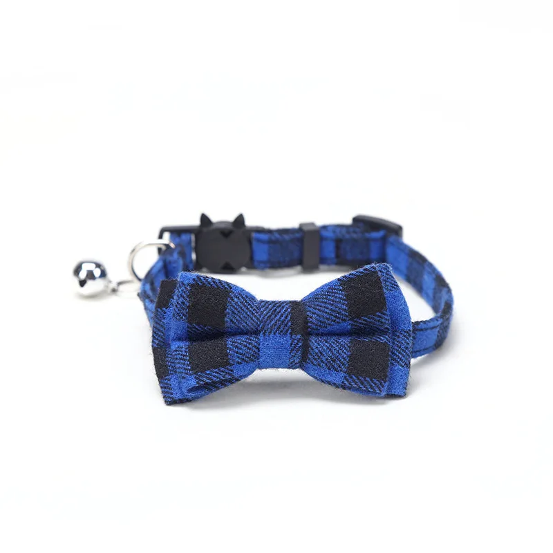 Checkered Fabric Pet Bell Collar with Bow Tie Sticker and Buckle Style New Pet Accessory