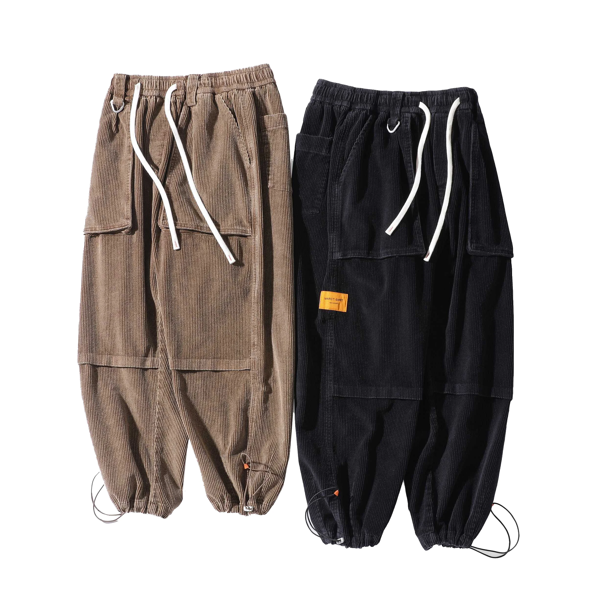 Wholesale Casual 100% Cotton Solid Color Elastic Waist Hip Hop Pinstriped Harem Cargo Corduroy Pants With Multi Pocket for Men