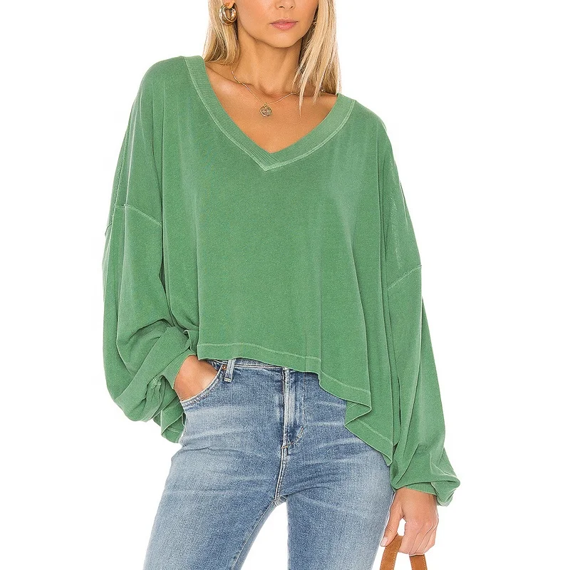 custom ladies causal top v neck drop shoulder women long sleeve loose thick cotton t shirt