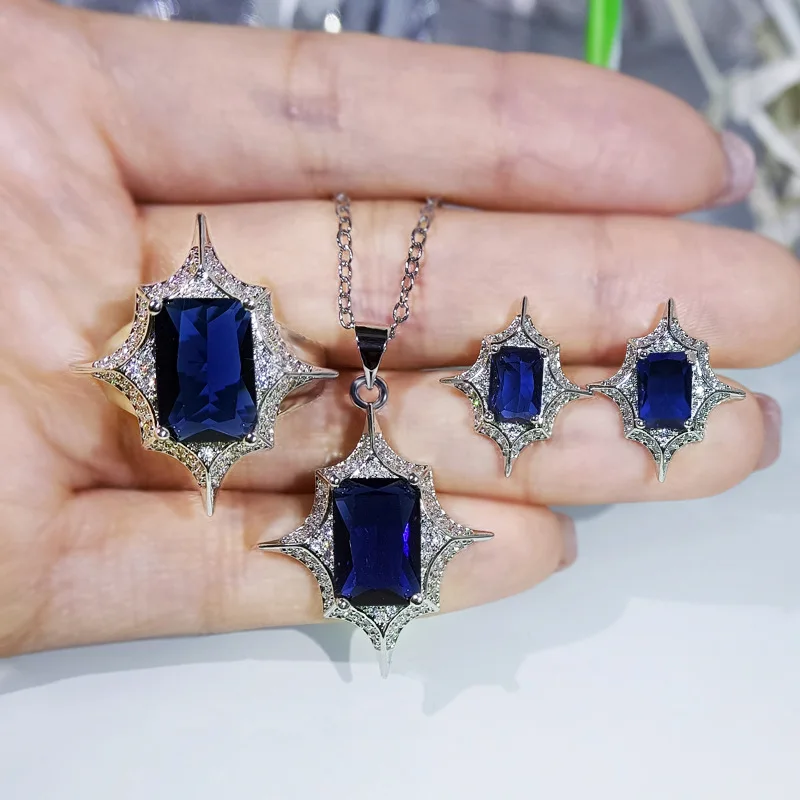 artificial jewellery set necklace gemstone sapphire jewelry set silver