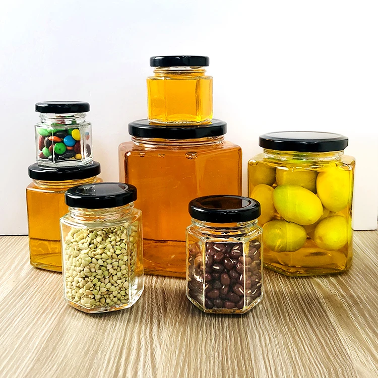 
Hexagonal Jars 180ml 280ml 380ml 500ml JamJelly Honey Spice Jar Glass Containers with Gold Lids 