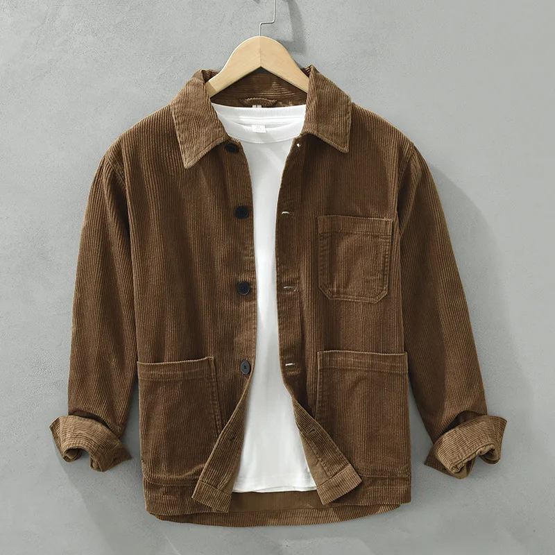 Новый стиль отложной воротник с длинным рукавом Повседневная Вельветовая рубашка мужская однотонная свободная Вельветовая куртка рубашка с карманом