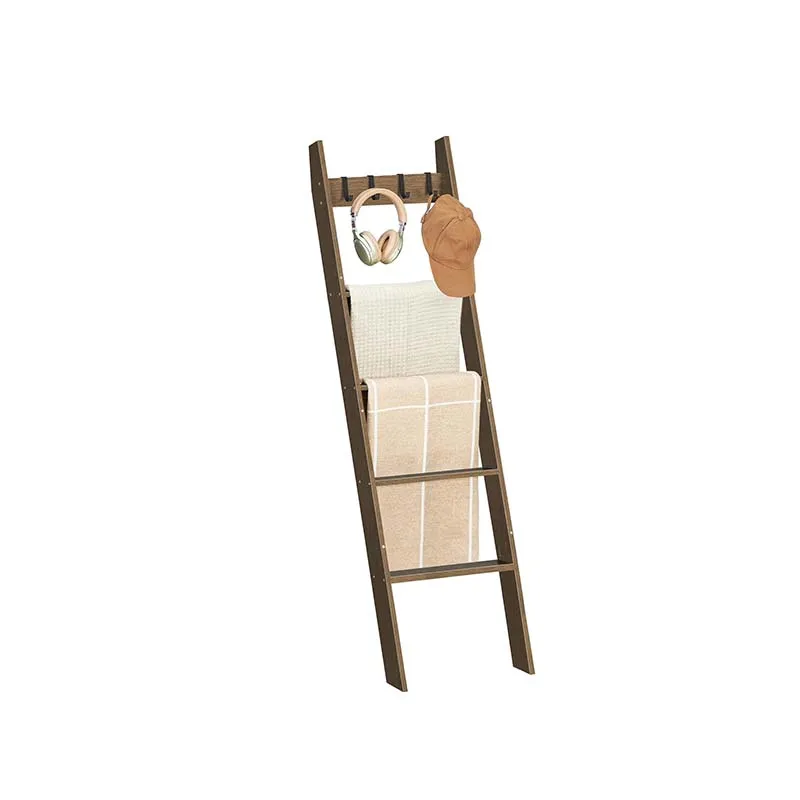 Customized living room bedroom wooden carpet ladder with 4 detachable hooks wall decoration storage rack