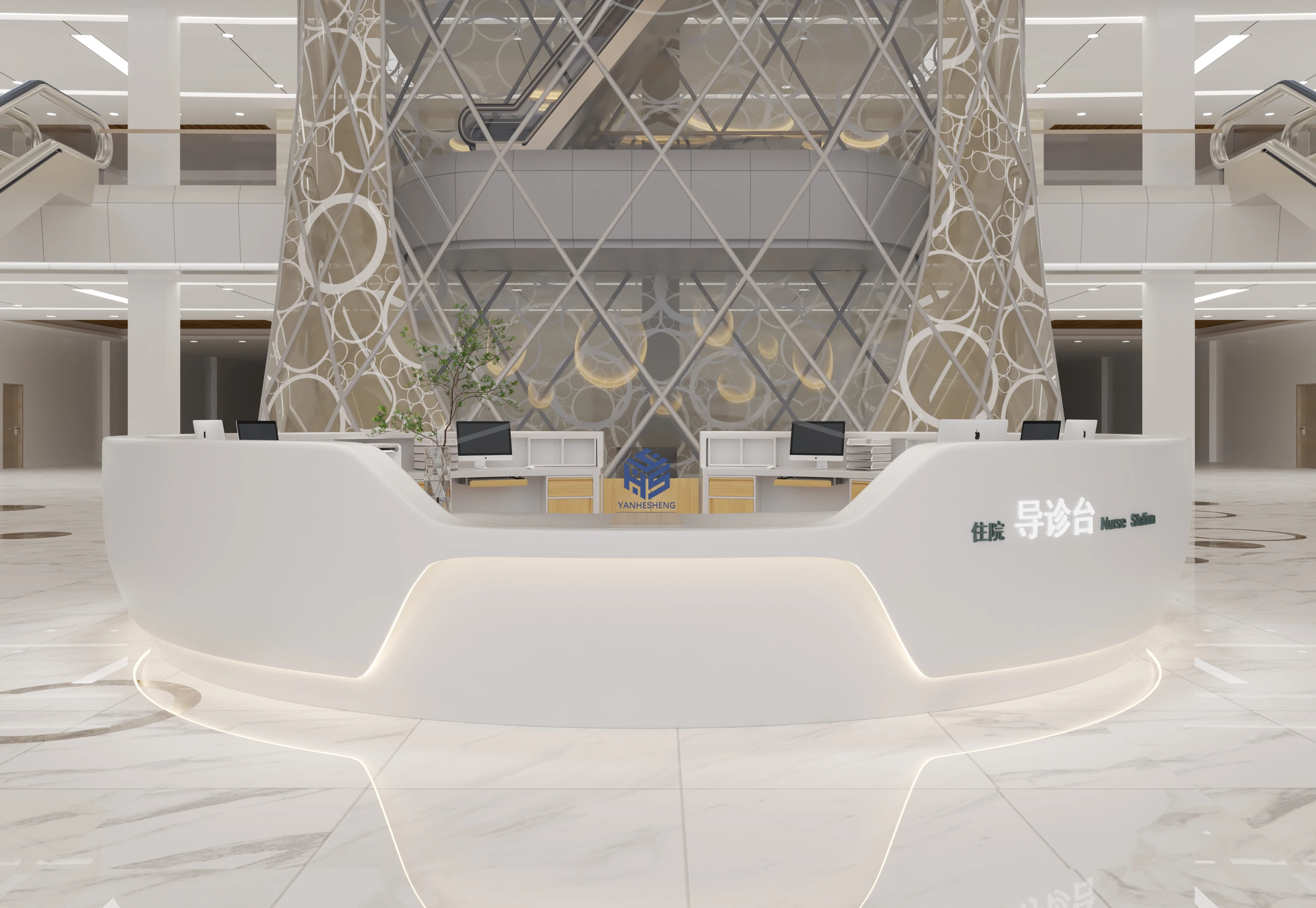 Hotel hair salon front desk reception counter modern white custom design standing round curved reception reception desks