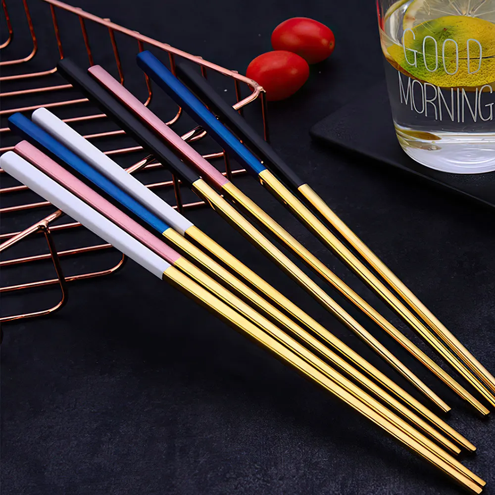  Stainless steel flat chopsticks korean custom colored stainless metal titanium sushi wedding