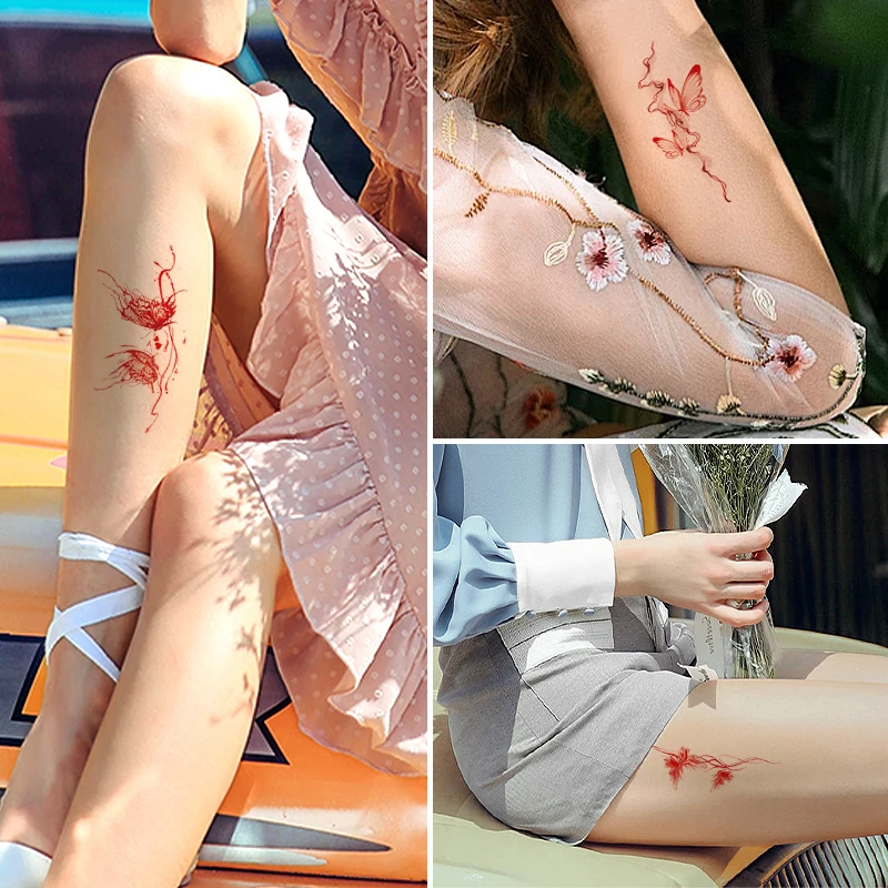 Red Retro Hand drawn Butterfly Flower Tattoo Stickers Art Photography Waterproof Temporary Tattoo Stickers