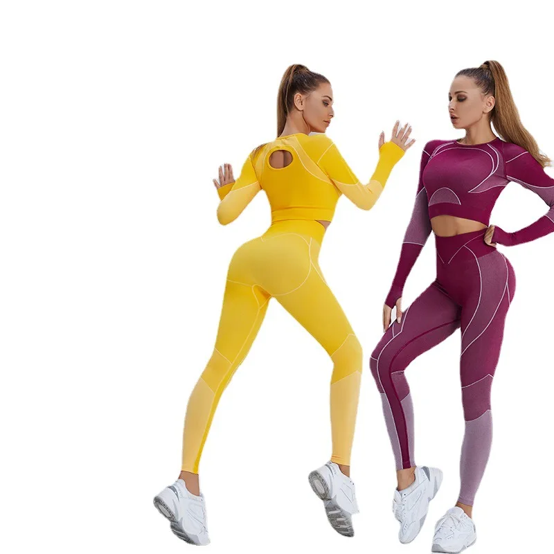 Sports fitness suit navel long-sleeved hips high-waist fitness yoga trousers