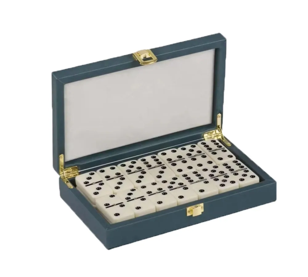 Customize 28 Piece Double-Six Dominos Wooden Box with Leather Surface Domino Game Dominos Set