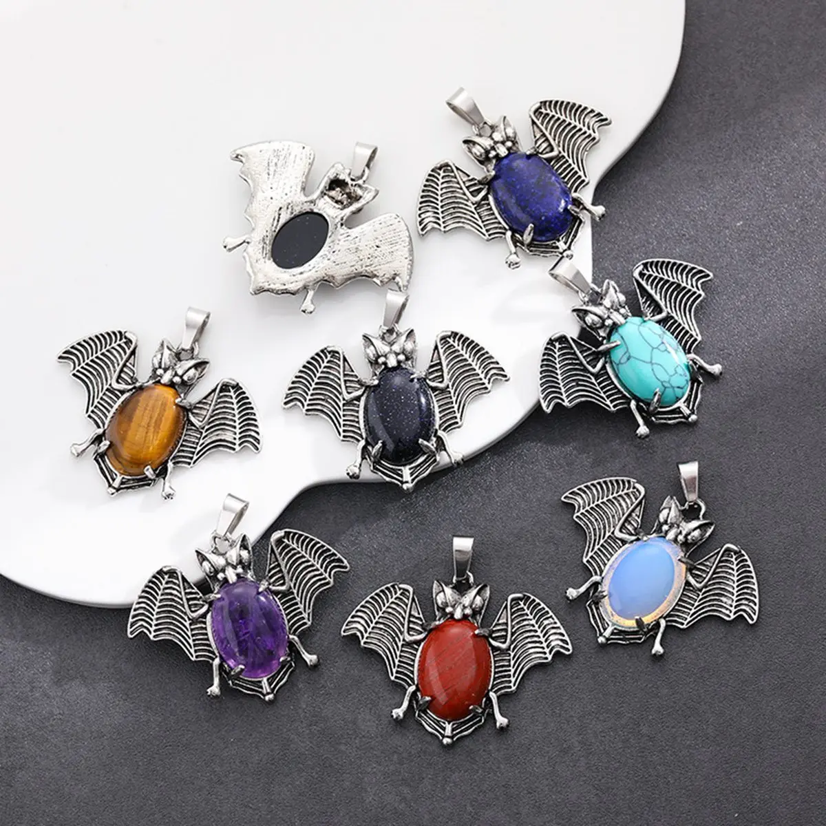 38X42MM Opalite Crystal Bat Shaped Retro Silver Pendant Can Be DIY Jewelry Production Jewelry Wholesale