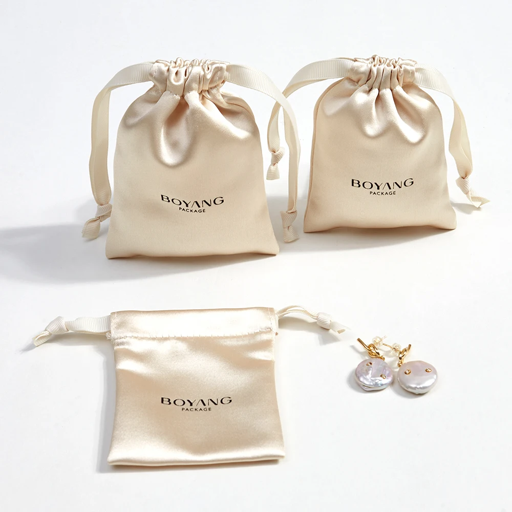 Boyang Custom Small Luxury Earring Ring Packaging Drawstring Satin Bag Pouch Jewelry