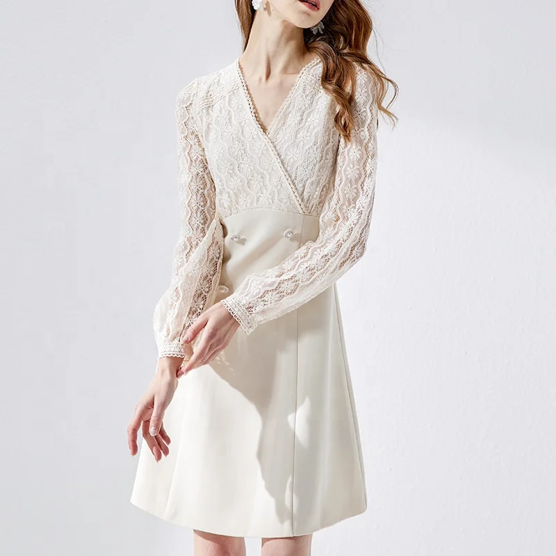 Huiquan New Design Printed Lace Decoration Beige Dress Elegant Luxury French Dress