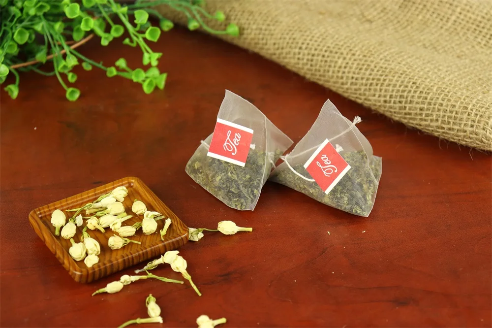 Pyramid tea bag PA nylon mesh with tag and string Triangle tea bag wholesale non-woven fabric