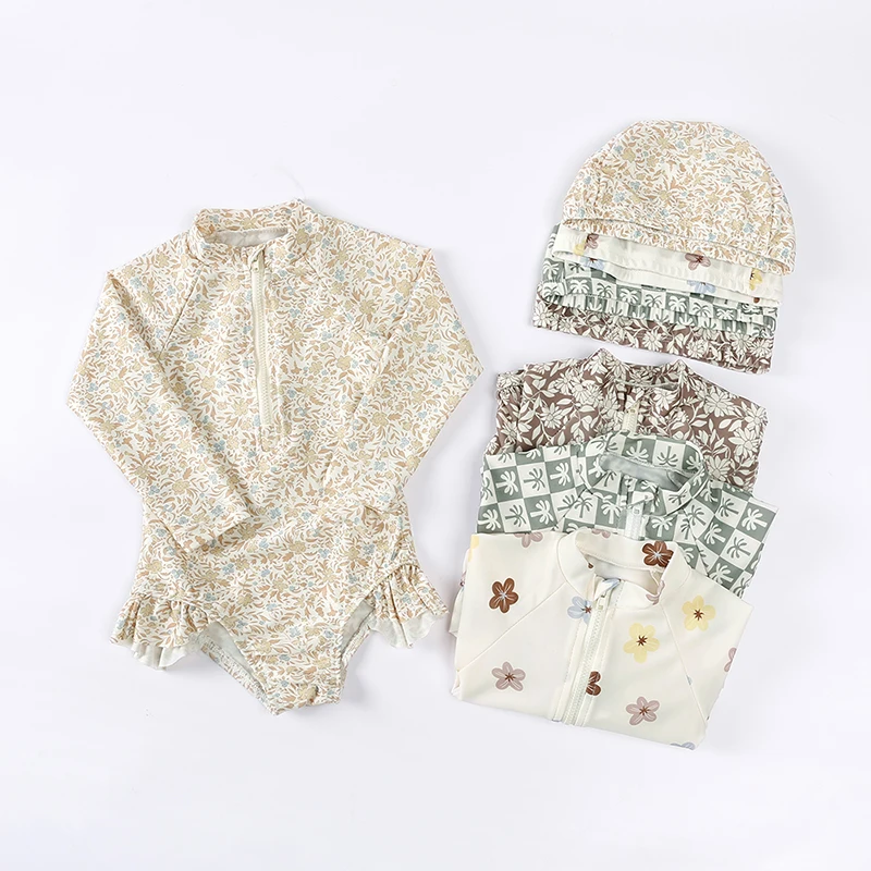 kids girls swimsuit summer bikini girl swim suit wholesale long sleeve children swimwear with hats