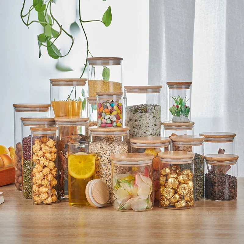 Round Airtight Coffee Tea Spice Glass Jar Kitchen Organizer Storage Bottles Sealed Glass Food Storage Jars with Bamboo Lid