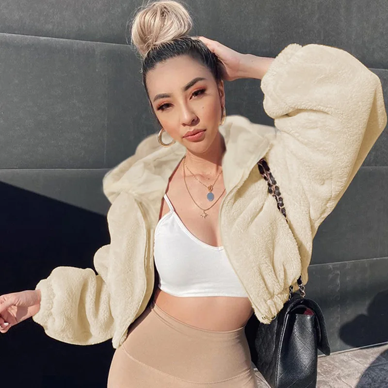 2023 Autumn New Fashion Cardigan Zipper Hooded Plush Long Sleeve Woolen Fur Warm Jacket Coat For Women