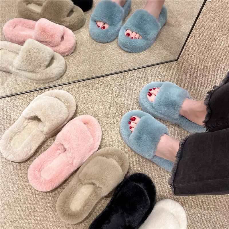 2024 fashion trend new style faux outdoor fur Platform 4cm fluffy fashion slippers for women furry home winter slipper