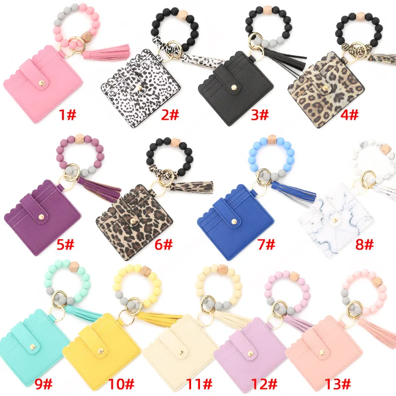 2024 Silicone Beaded Wristlet Keychain Wallet Custom logo Leopard Sunflower Card Holder Wallet Pu Leather Mini Lady Wallet
