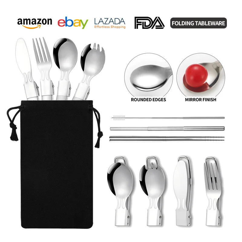 Outdoor camping picnic tableware travel folding tableware three-piece stainless steel folding knife fork spoon camping tableware