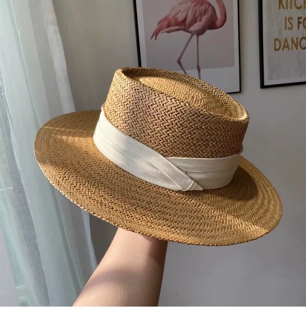 
Straw hat women summer sunshade hat flat top wide eave beach fashion hand knitted hat 