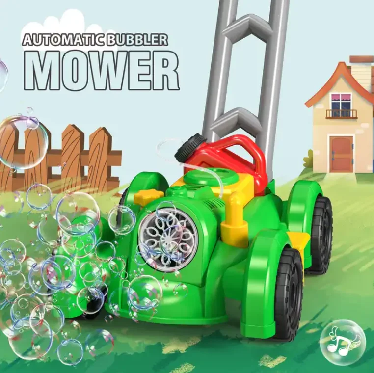 QW New Hot Selling Green Outdoor Educational Toy Fully Automatic Lawn Mower Bubble Handcart with 2 Bottles of 50ML Bubble Water