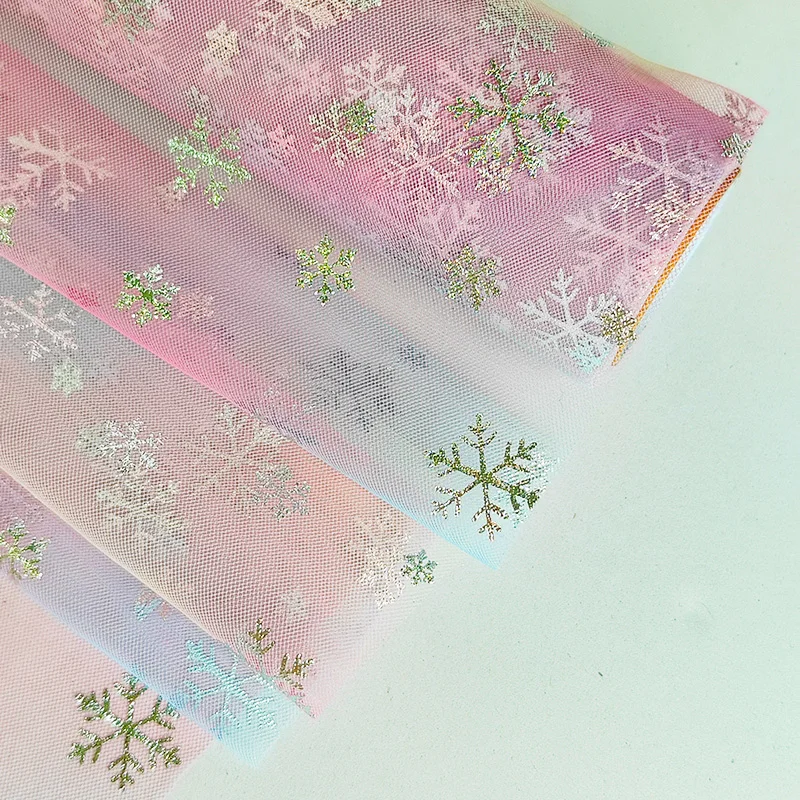 Polyester Tulle Fabric with Rainbow Color Snowflake Bronzing Net Mesh Fabric